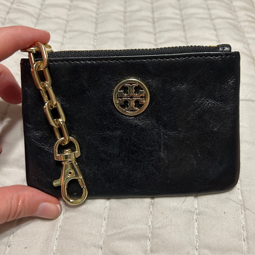 Black leather Tory Burch zip coin pouch